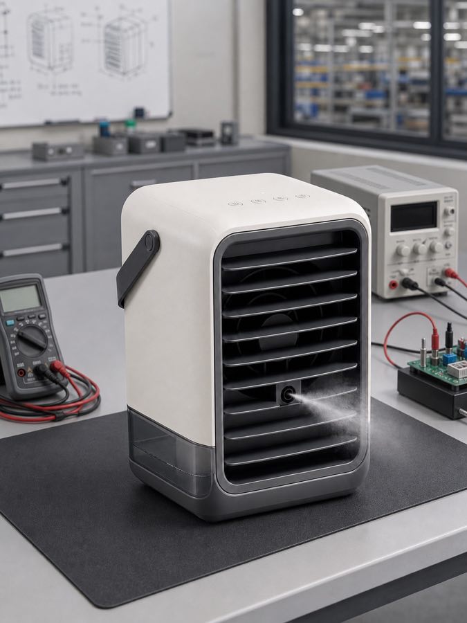 Portable desktop air cooler under development in a factory R&D workspace